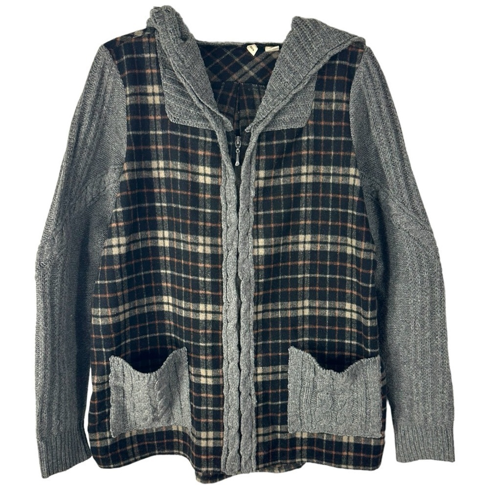 Moth Anthropologie Derry Plaid Cable Knit Hooded Sweater Jacket Cardigan Wool M